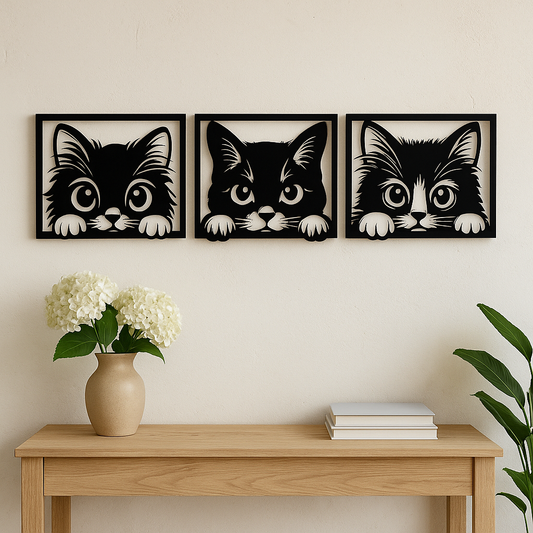 🐾 Trio de Chats Curieux – Déco Murale en Bois 🐱