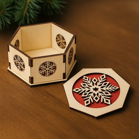 Boîte Cadeau Hexagonale en Bois – Flocon de Neige
