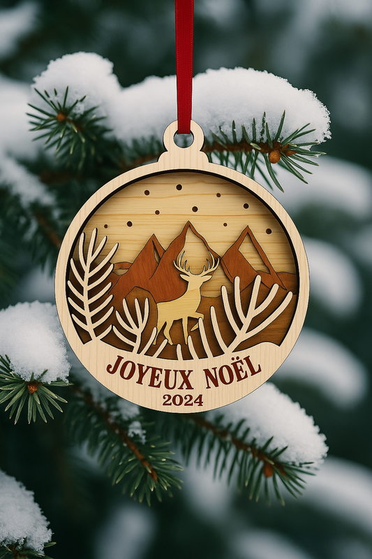 Boule de Noël en bois – "Joyeux Noël 2025" – Cerf & Montagnes