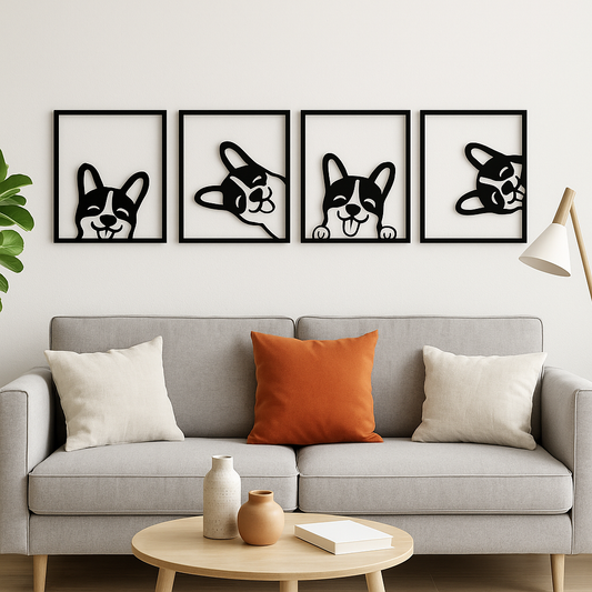 🐶 Quatuor de Chiens Malicieux – Décoration Murale en Bois