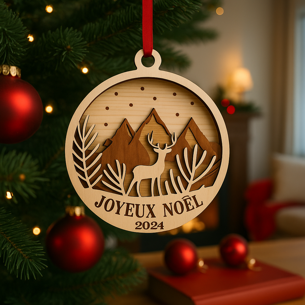 Boule de Noël en bois – "Joyeux Noël 2025" – Cerf & Montagnes