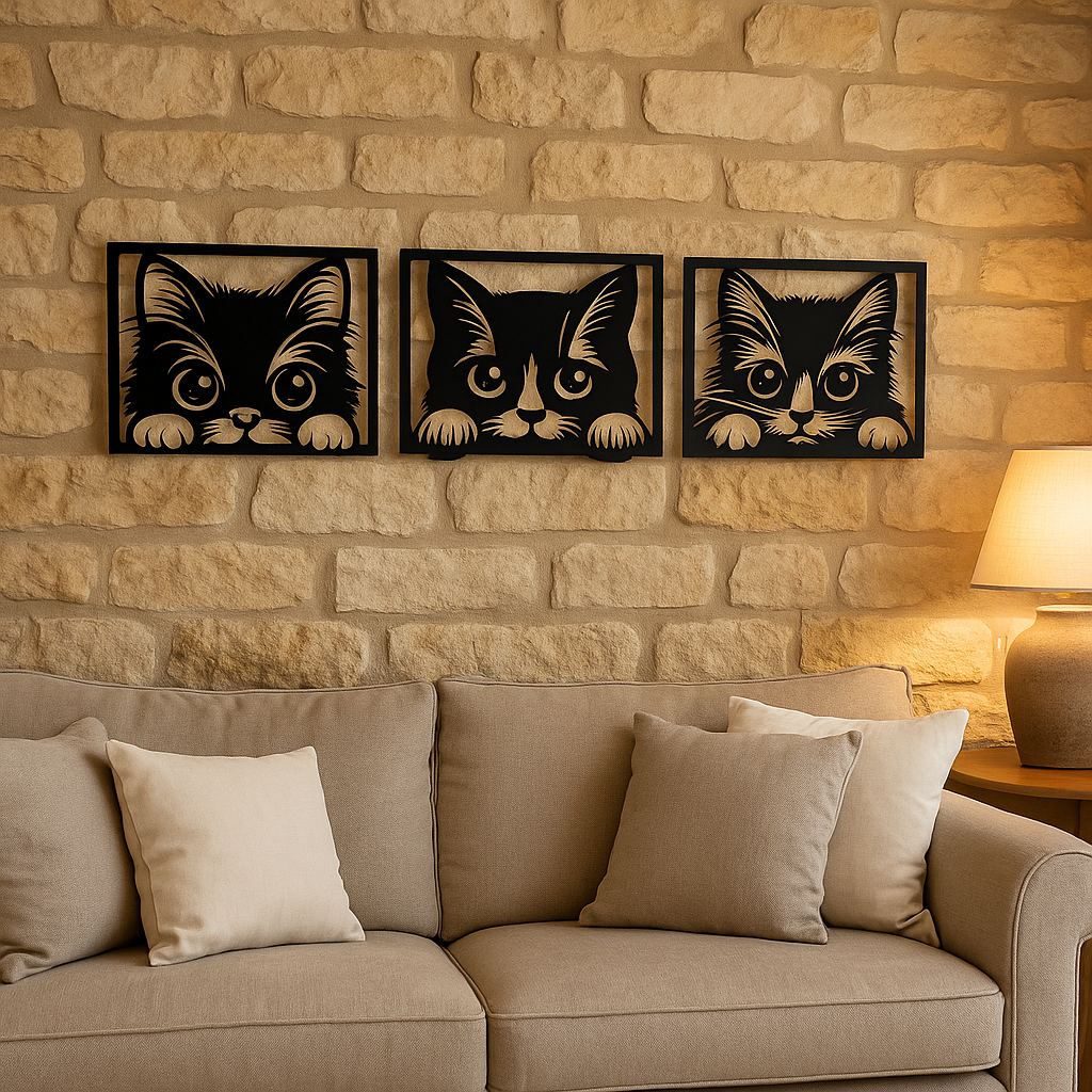 🐾 Trio de Chats Curieux – Déco Murale en Bois 🐱