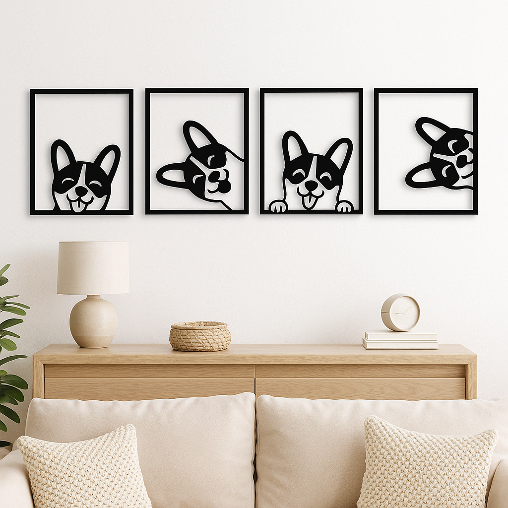 🐶 Quatuor de Chiens Malicieux – Décoration Murale en Bois