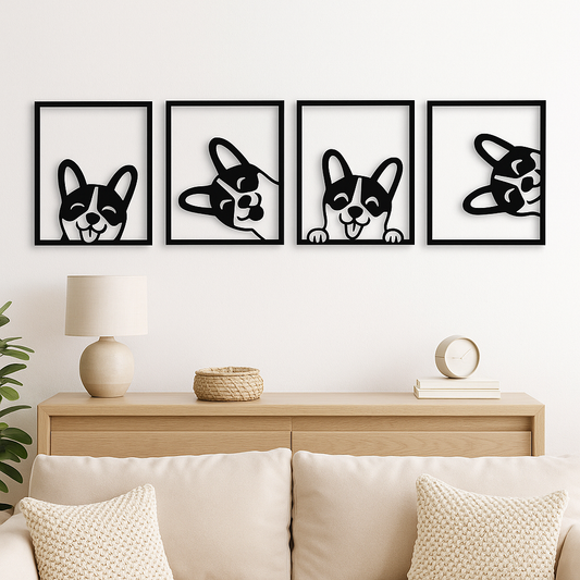 🐶 Quatuor de Chiens Malicieux – Décoration Murale en Bois