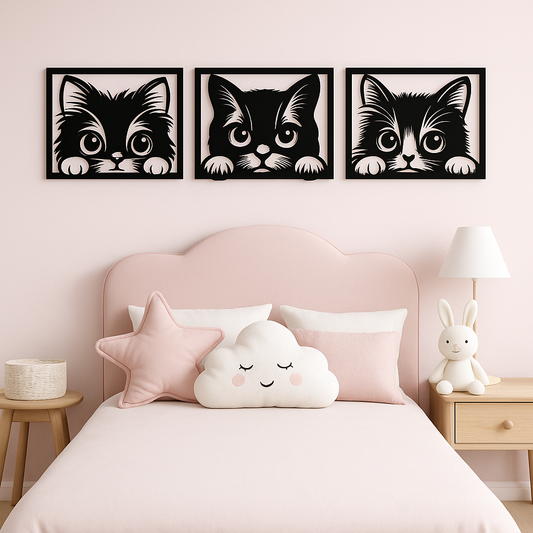 🐾 Trio de Chats Curieux – Déco Murale en Bois 🐱