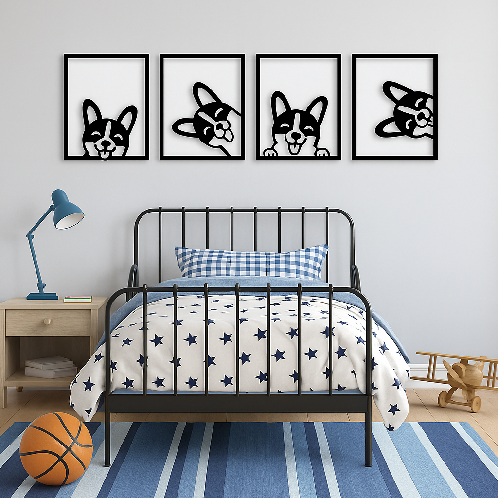 🐶 Quatuor de Chiens Malicieux – Décoration Murale en Bois