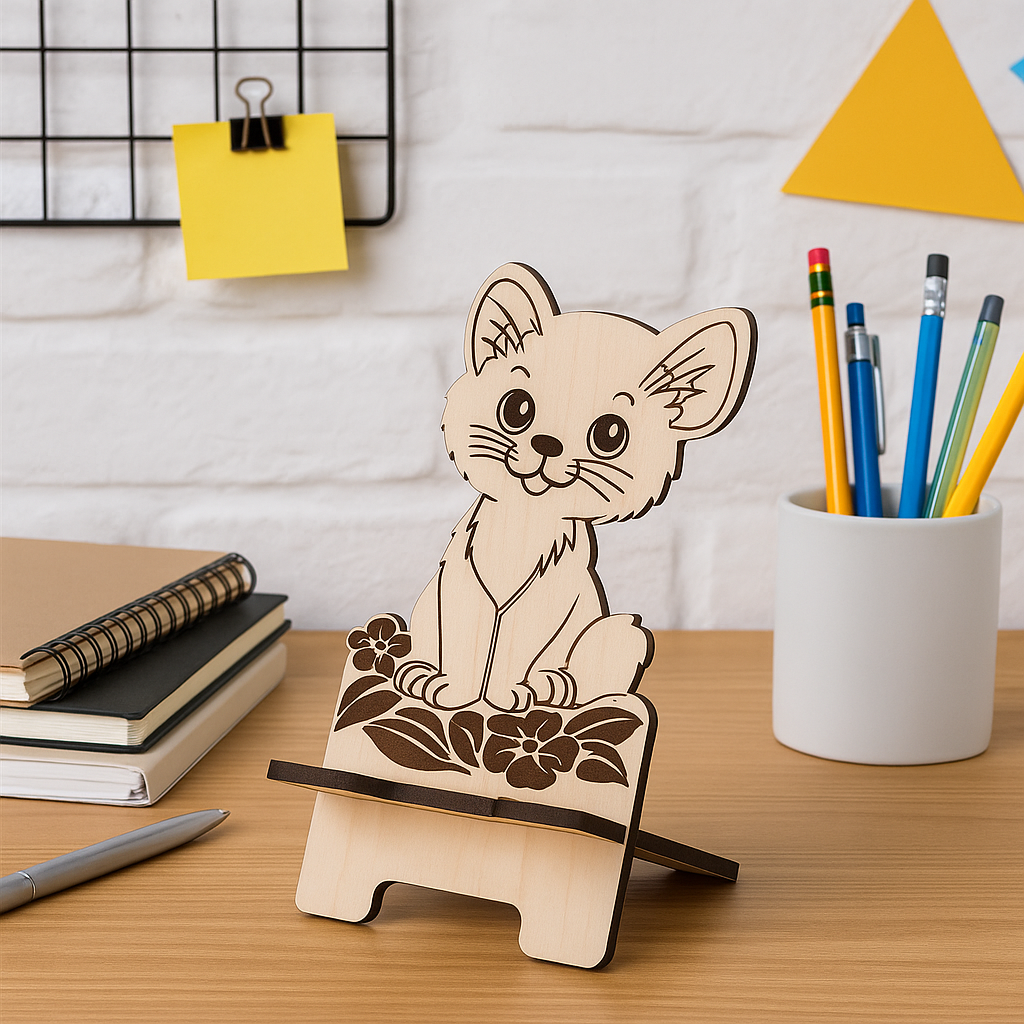 Support Téléphone en Bois – Chat Mignon