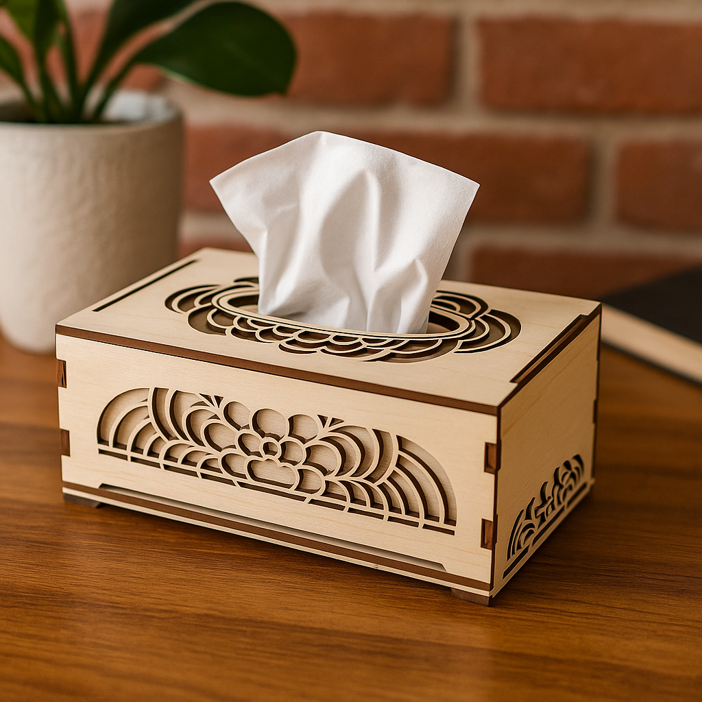 🌿 Boîte à Mouchoirs en Bois – Gravure Arabesque 🌸